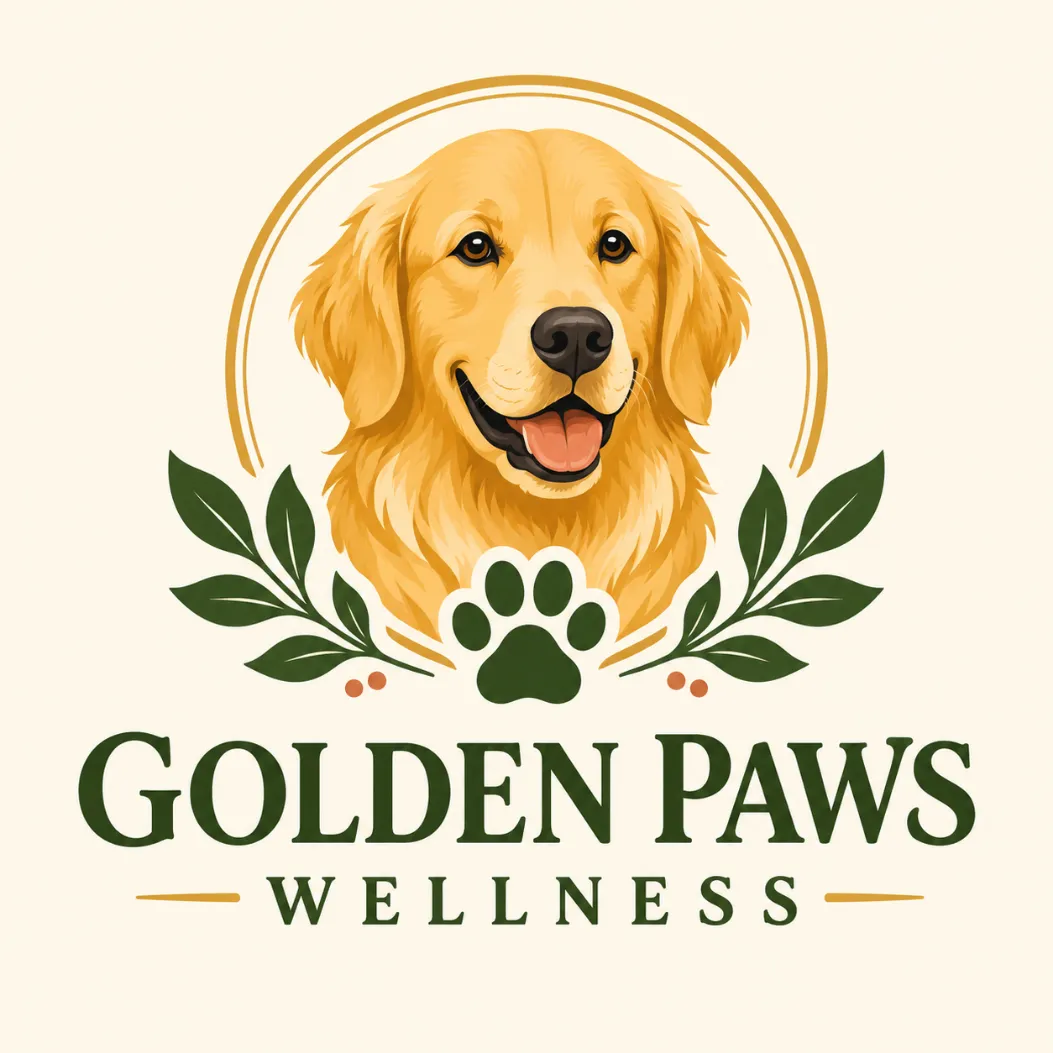 Golden Paws Wellness — a Golden Retriever above a paw print, framed by laurel leaves