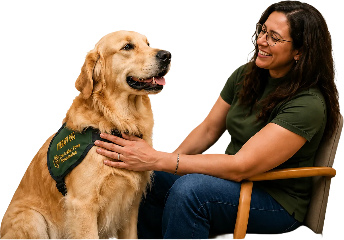 A Golden Paws therapy dog in its vest sitting beside a smiling handler